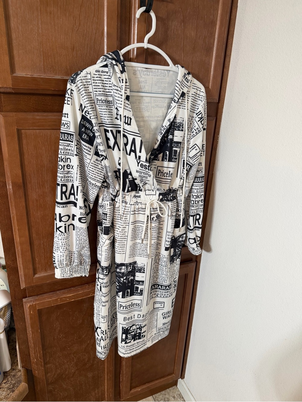 Newspaper Print Sweater dress/hoodie dress - Black & White with ROOMY pockets
